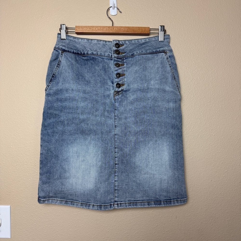 Prana Aubrey Dusted Blue Organic Cotton High-Waist Denim Skirt - Picture 4 of 8